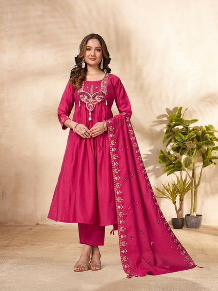 Lehenga Mart Designer Anarkali Suit With Kurta, Pant, Dupatta For Women-Pink