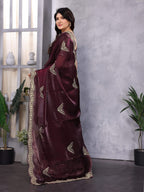 Vastranavya Wine Embroidery Work Shimmer Chiffon Saree with Unstitched Blouse - Distacart