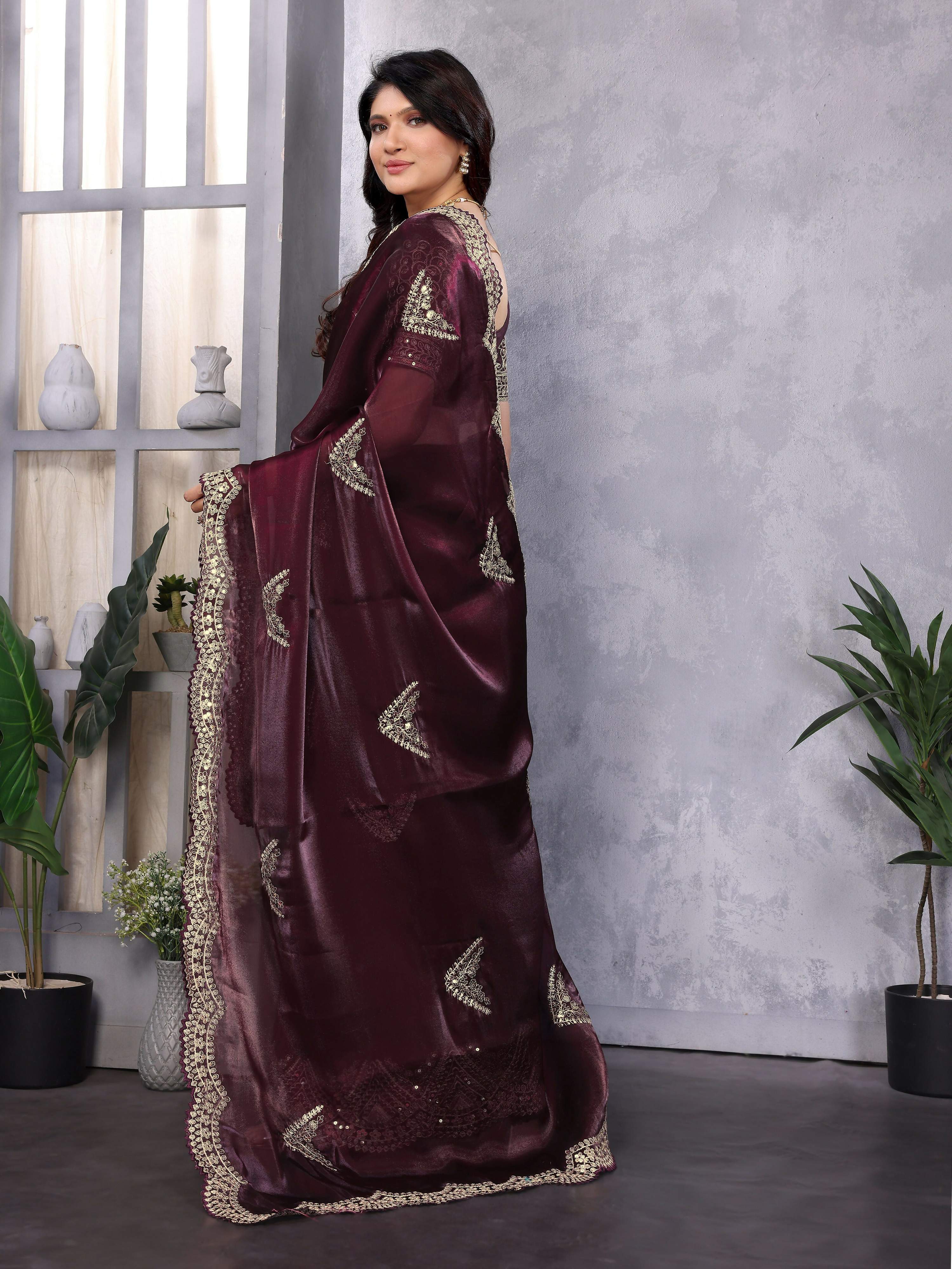Vastranavya Wine Embroidery Work Shimmer Chiffon Saree with Unstitched Blouse - Distacart