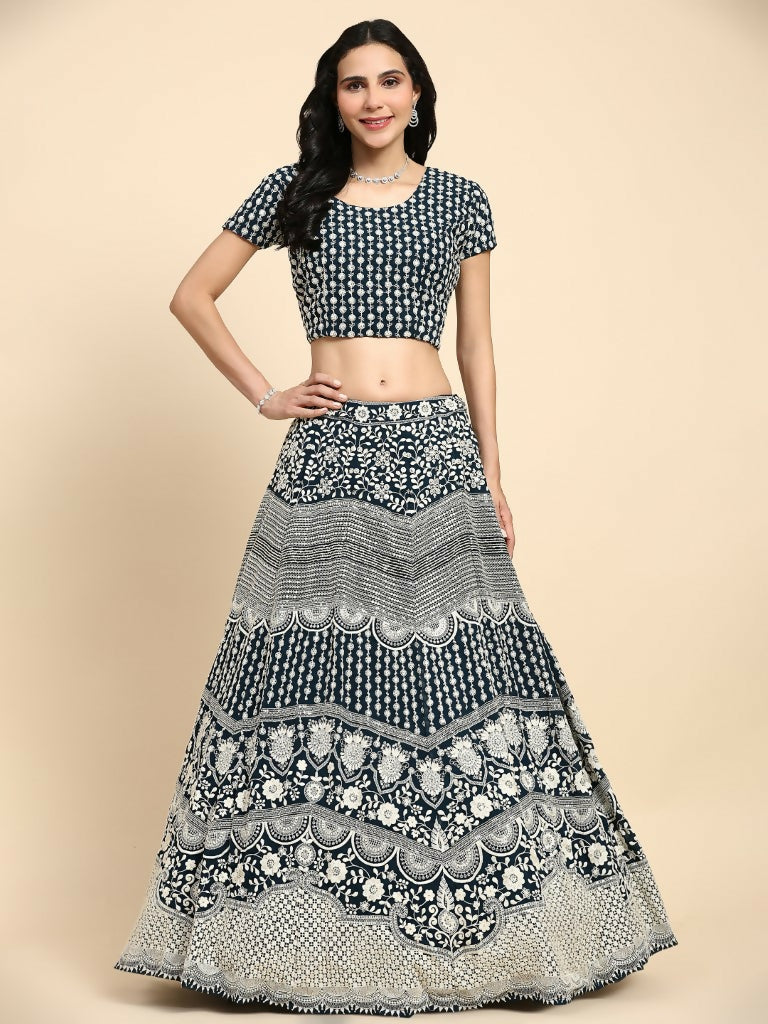 Blue Georgette Thread Embroidered Lehenga Choli with Dupatta - Tanya