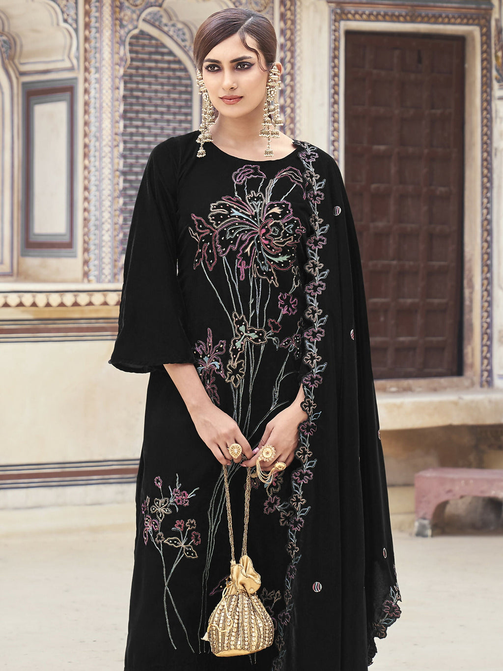 Jyoti Fashion Women's Black Velvet Resham Thread with Jari & Sequin Kurta with Trouser & Dupatta