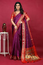 Jyoti Fashion Women's Purple Paithani Silk Zari Woven Saree with Blouse