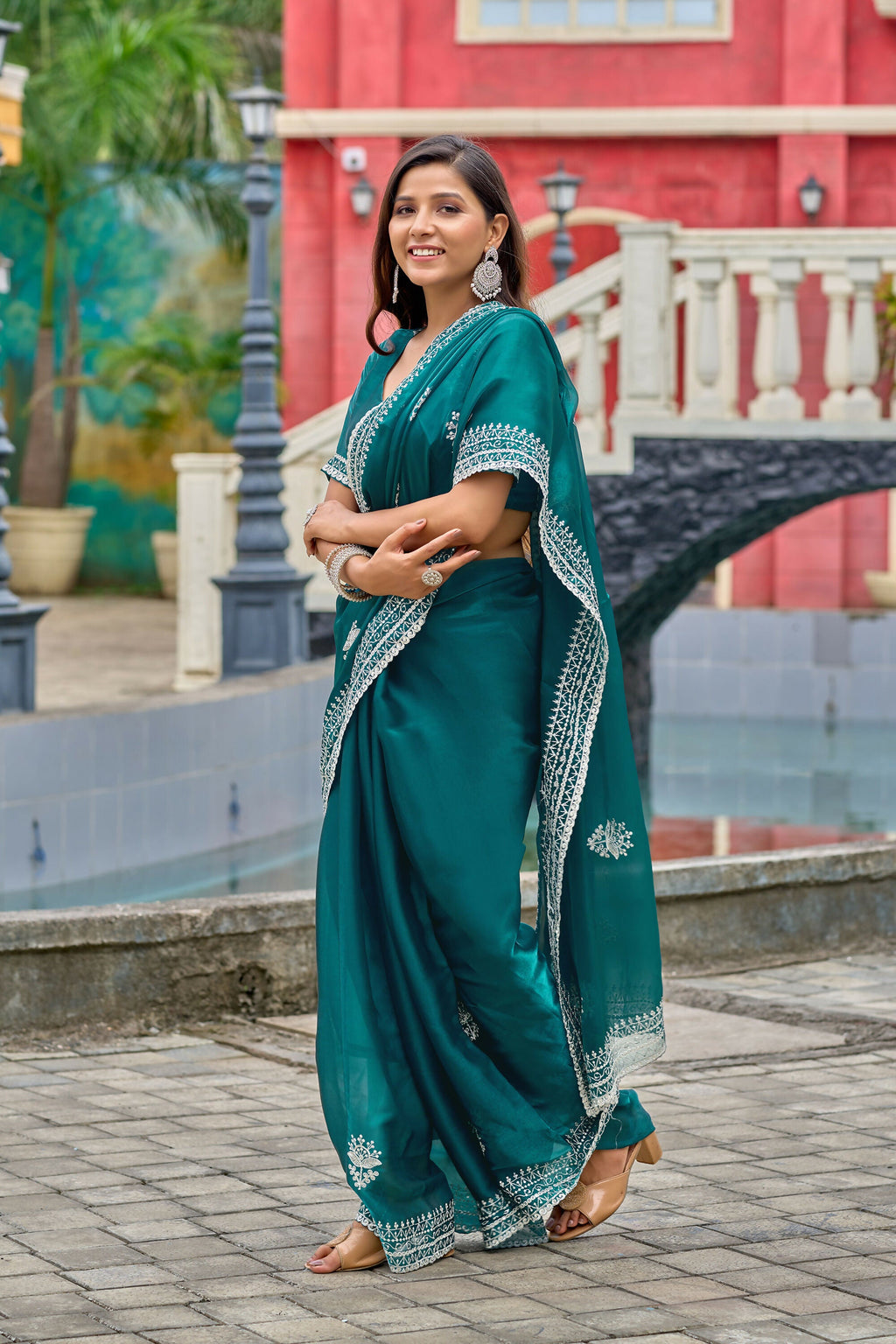 Vastranavya Rama Embroidery Work Shimmer Chiffon Saree with Unstitched Blouse - Distacart