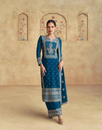 Vastranavya Teal Chinon Silk Embroidered Sequins Pakistani Straight Plaazo Suit