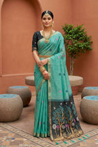 Vastranavya Sky Blue Muga Cotton Meenakari & Azarakh Pallu Saree with Contrast Blouse - Distacart