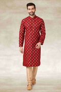 Raivat Ethnic Cotton Printed Work Kurta Pajama In Maroon Colour