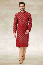 Raivat Ethnic Cotton Printed Work Kurta Pajama In Maroon Colour