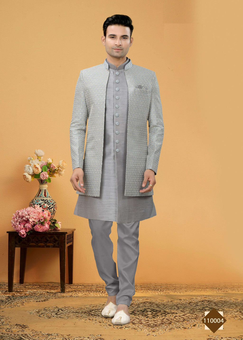Joban Fashion Men's Grey Art Silk Plain Kurta Pyjama set