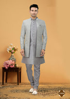 Joban Fashion Men's Grey Art Silk Plain Kurta Pyjama set