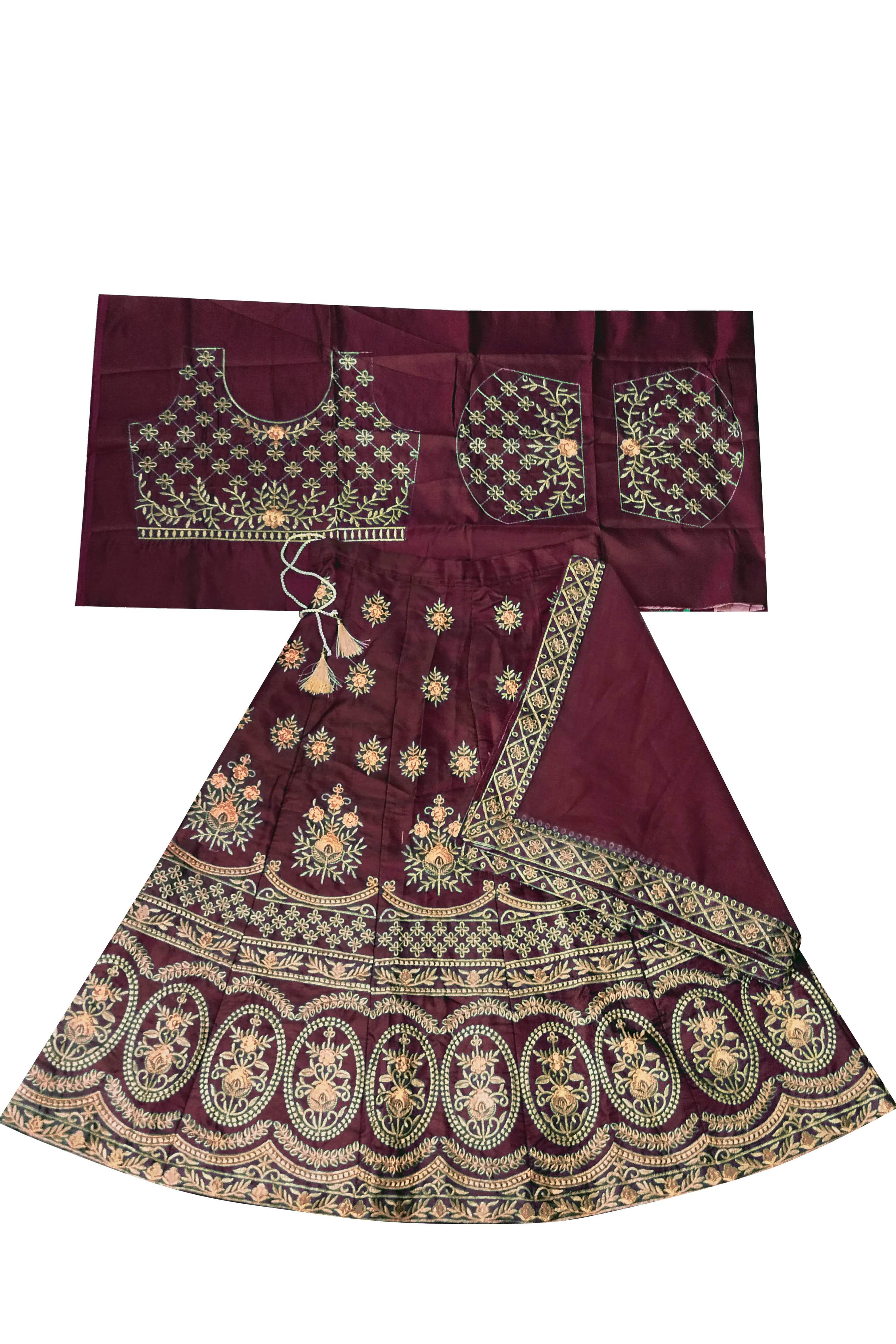 Dwiden Maroon Lehriyu Tafetta Sattin Semi-Stitched Girl's Lehenga Choli