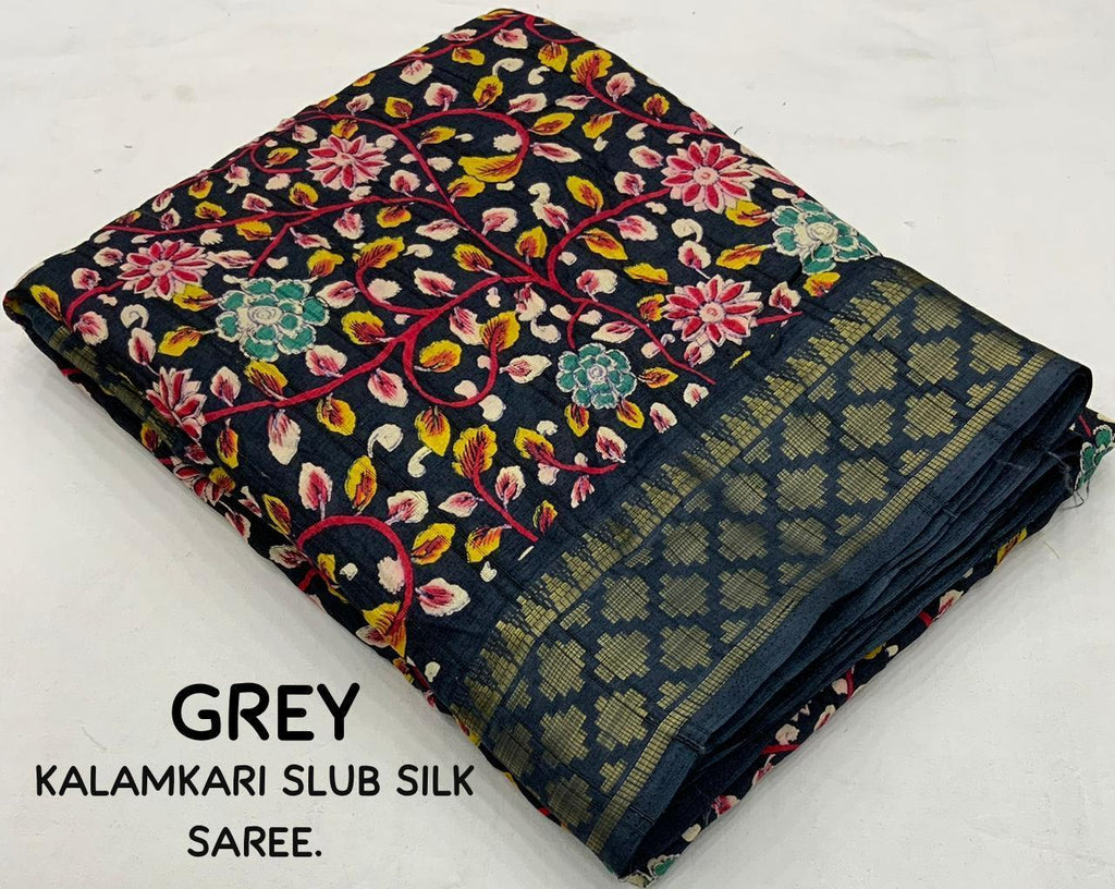 Grey Slub Silk Printed Saree with Unstitched Blouse - Hiral Fashion