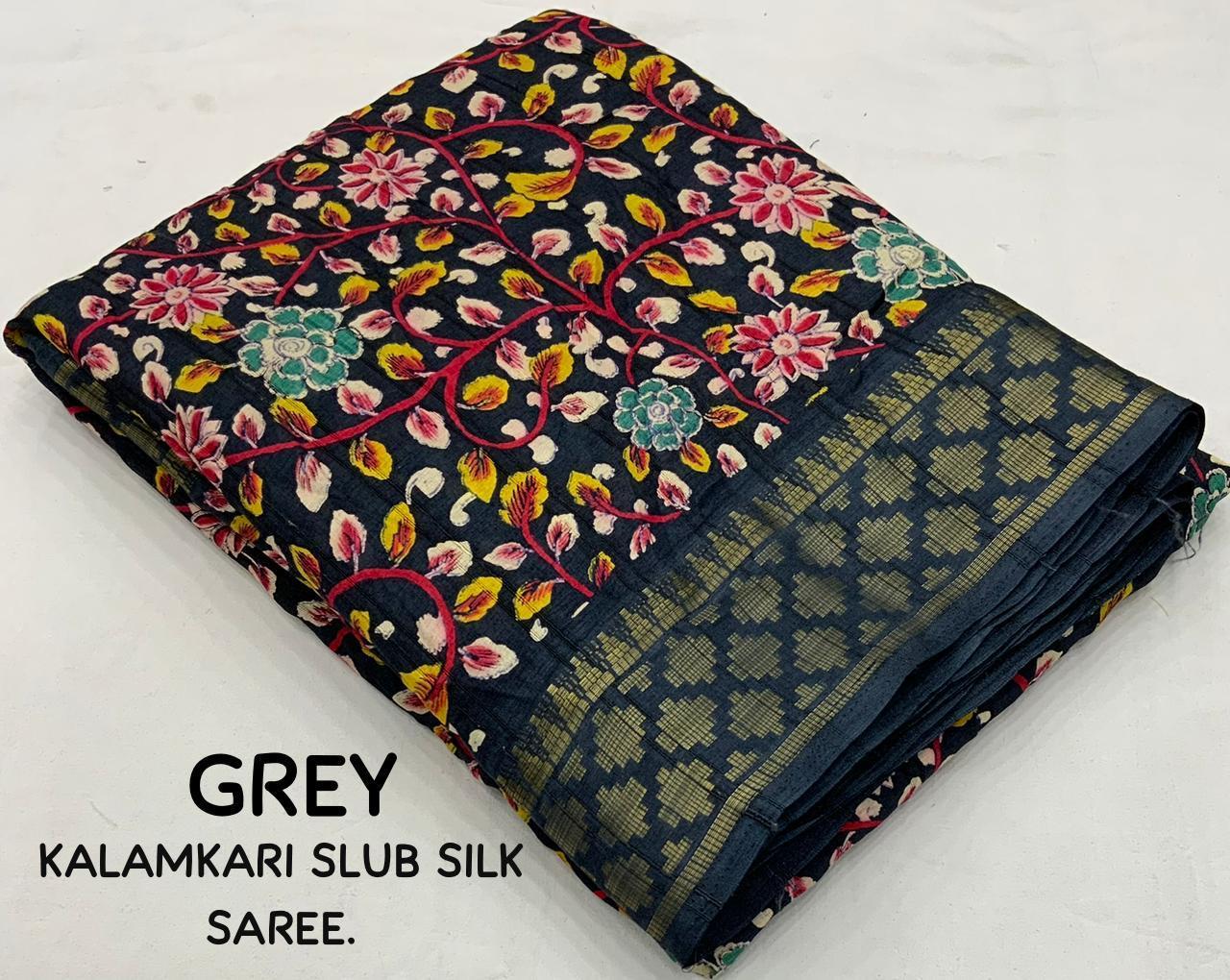 Grey Slub Silk Printed Saree with Unstitched Blouse - Hiral Fashion