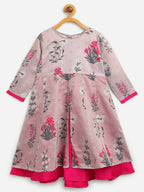 Ahalyaa Grey Chanderi Silk Pigment Print Kids Front Slit Kurta For Girls