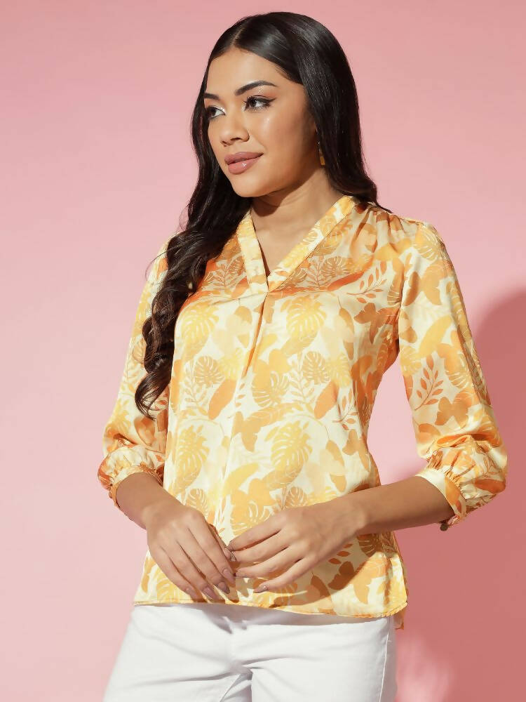 Myshka Women Mustard Floral V-Neck Regular Sleeves Polyester Top - Distacart