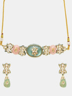 Ruby Raang 22k Gold Polished Kundan And Mint Colored Stonework Choker With Matching Earrings