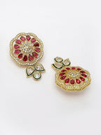 NVR Women's Red & Gold Kundan Studded Handcrafted Jewellery Set