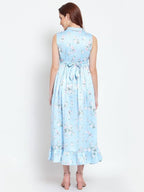 Myshka Women's Sky Blue Printed Cotton Blend Sleeveless Coller Casual Dress