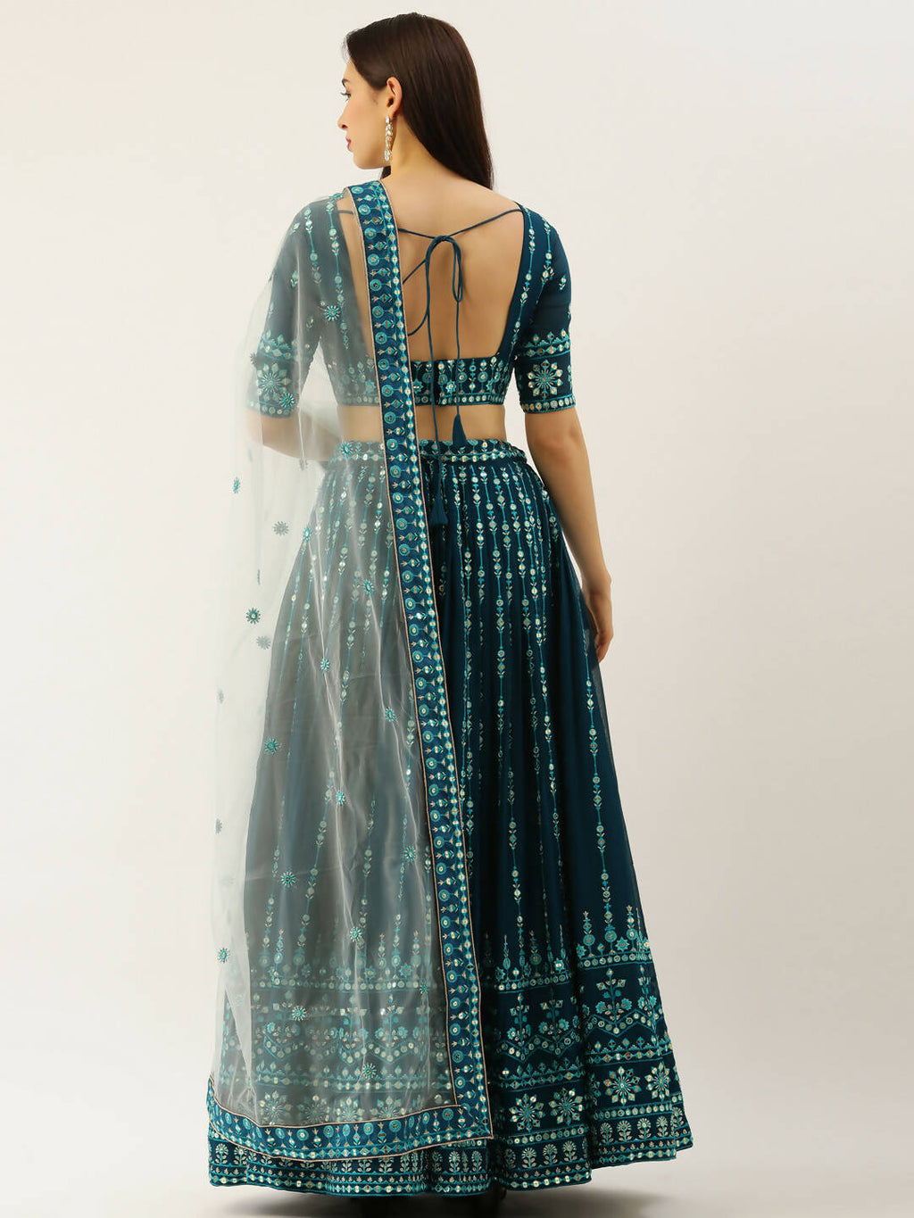 House of Panchhi Women Teal Georgette Sequins Work Lehenga & Blouse with Dupatta