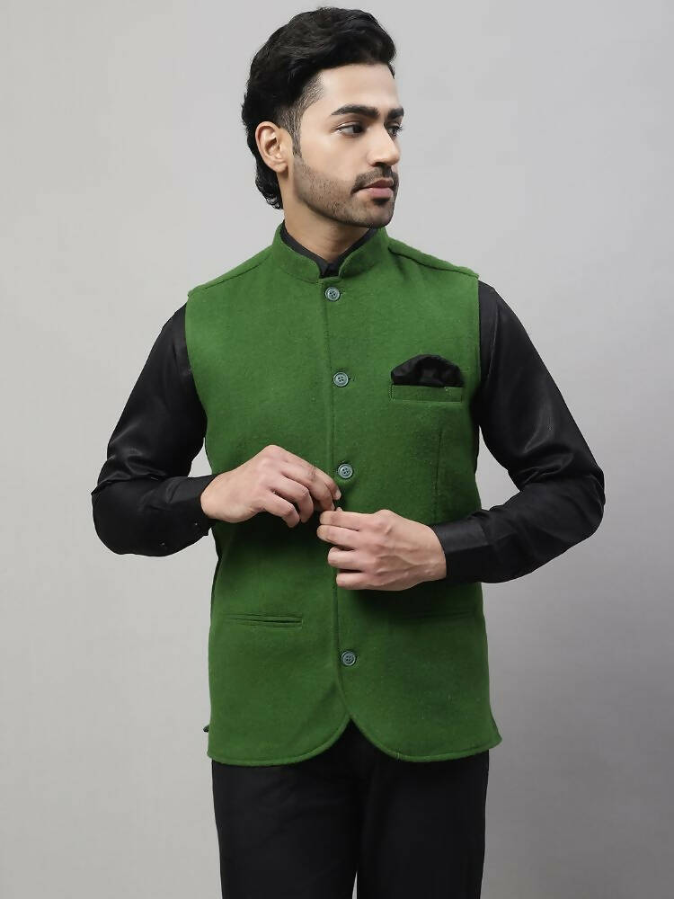 Even Apparels Pure Wool Nehru Jacket - Green