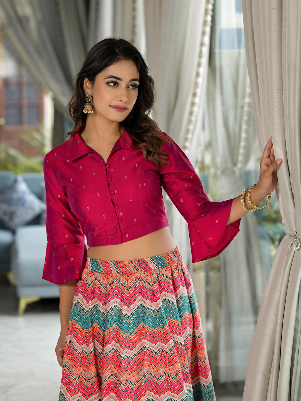 Juniper Women's Multi Ethnic Motif Printed Cotton Crop Top And Skirt With Lace & Button Detail