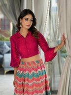 Juniper Women's Multi Ethnic Motif Printed Cotton Crop Top And Skirt With Lace & Button Detail