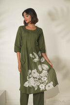 Miravan Women's Mehandi Pintucks Cotton Floral Straight Kurta and Palazzo