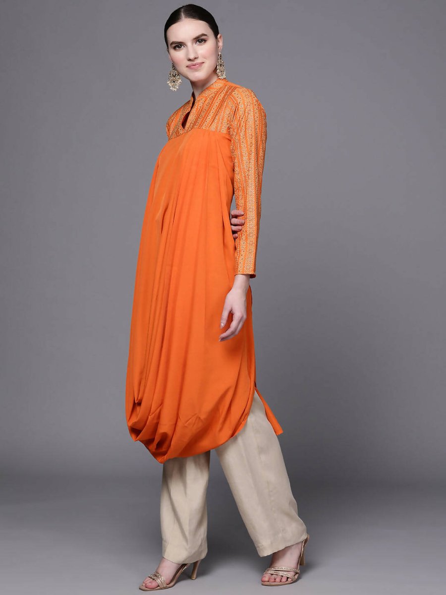 Ahalyaa Women Orange Ethnic Motifs Printed Crepe Cowl Kurta - Distacart