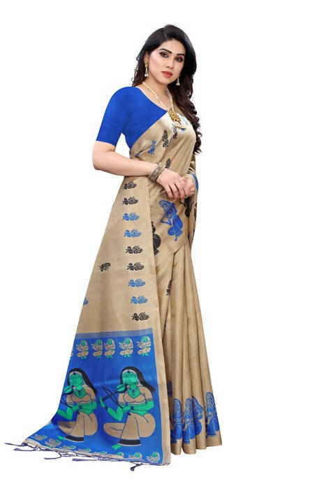 Vamika Brown Kalamkari Print With Jhalar Khadi Silk Saree (SHABRI ROYAL BLUE)