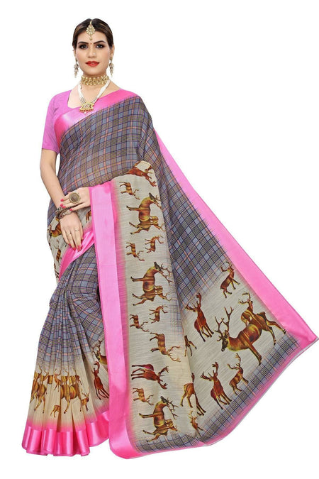 Vamika Rose and Grey Linen Digital Print with Satin Border Latest Saree