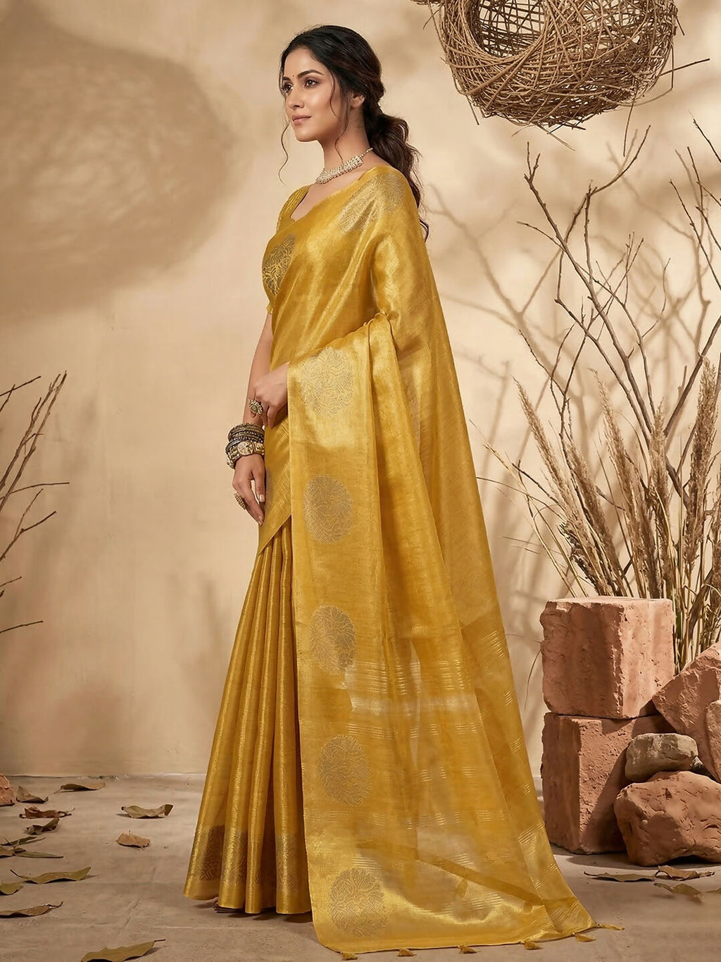 Shree Shyam Fashion Yellow Tissue Silk Saree - Distacart