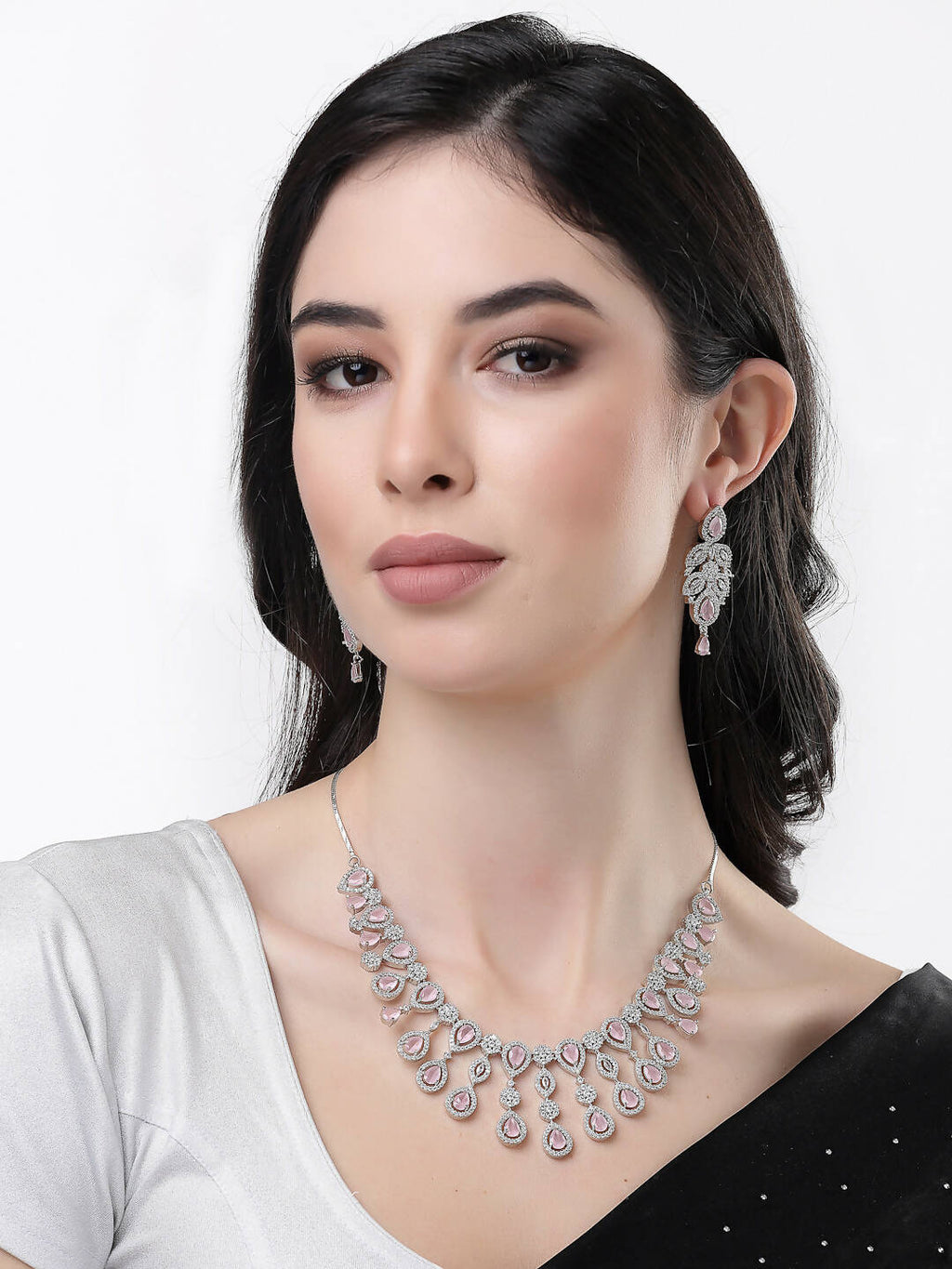NVR Women Silver Plated & Pink Cz Stone Handcrafted Jewellery Set
