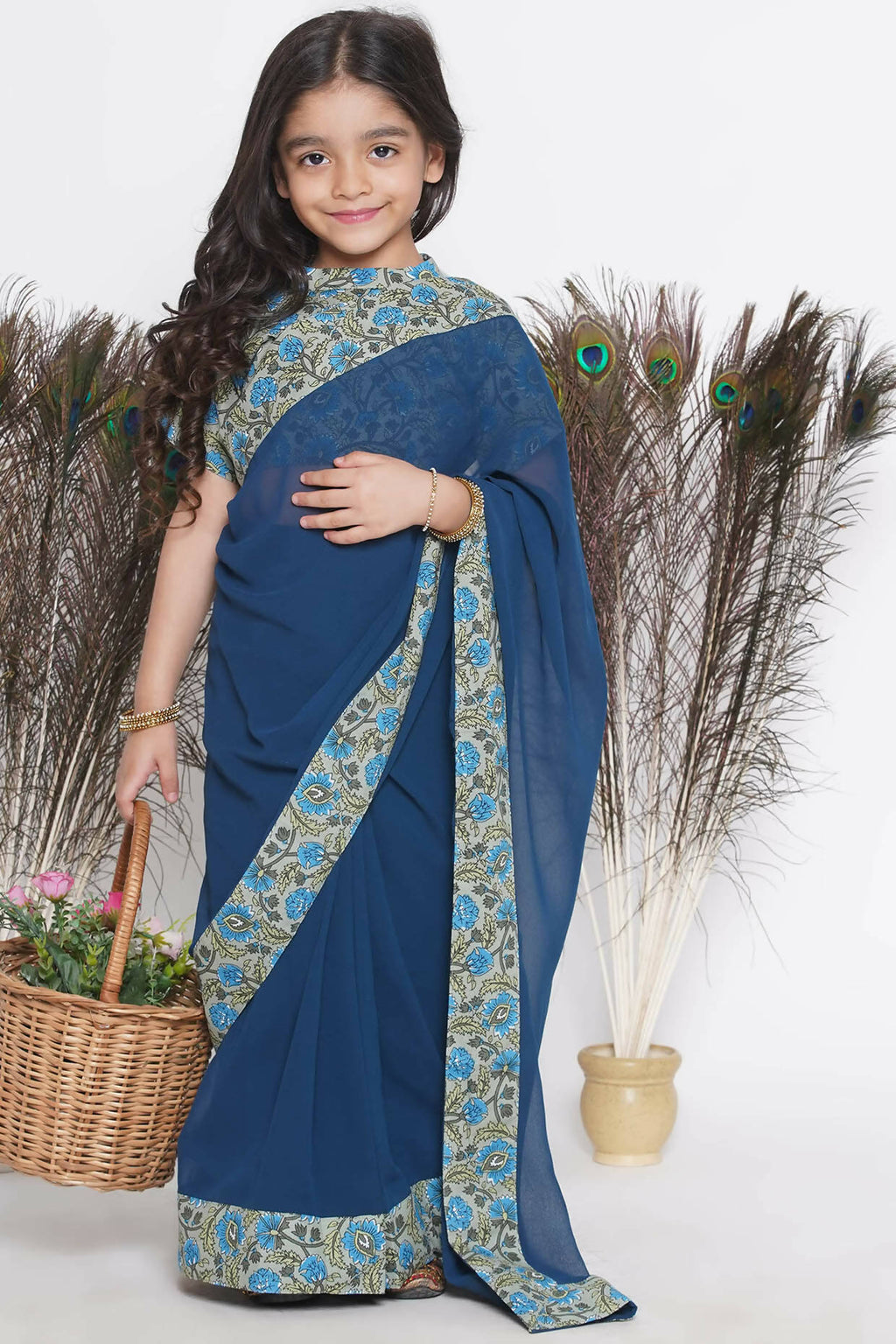 Little Bansi Floral Print Ready To Wear Saree And Floral Blouse - Blue