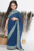 Little Bansi Floral Print Ready To Wear Saree And Floral Blouse - Blue