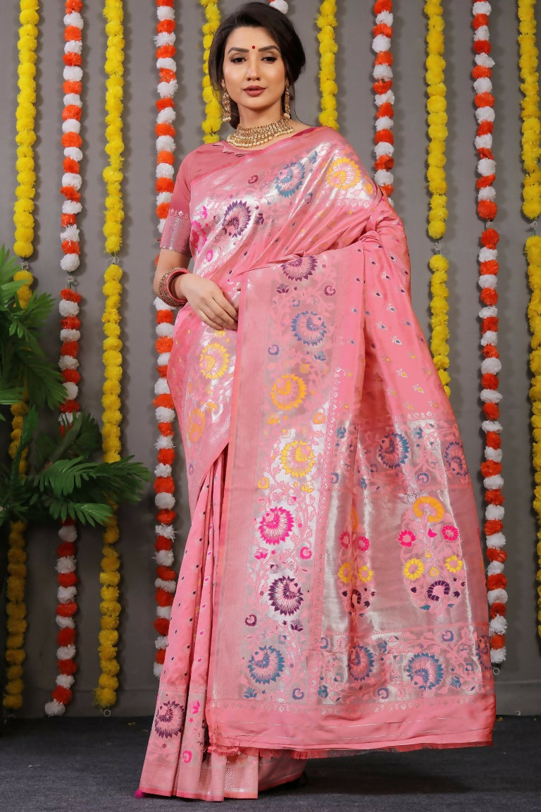 Jyoti Fashion Women's Baby Pink Banarasi Silk Zari Woven Saree with Blouse