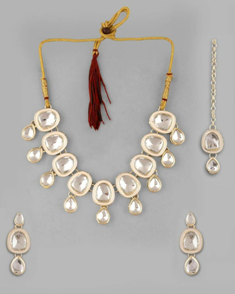 VOJ Kundan Studded Silver Plated White Color Jewellery Set with MaangTikka