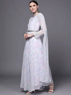 Ahalyaa Women Blue & White Floral Fit & Flare Maxi Ethnic Dress - Distacart