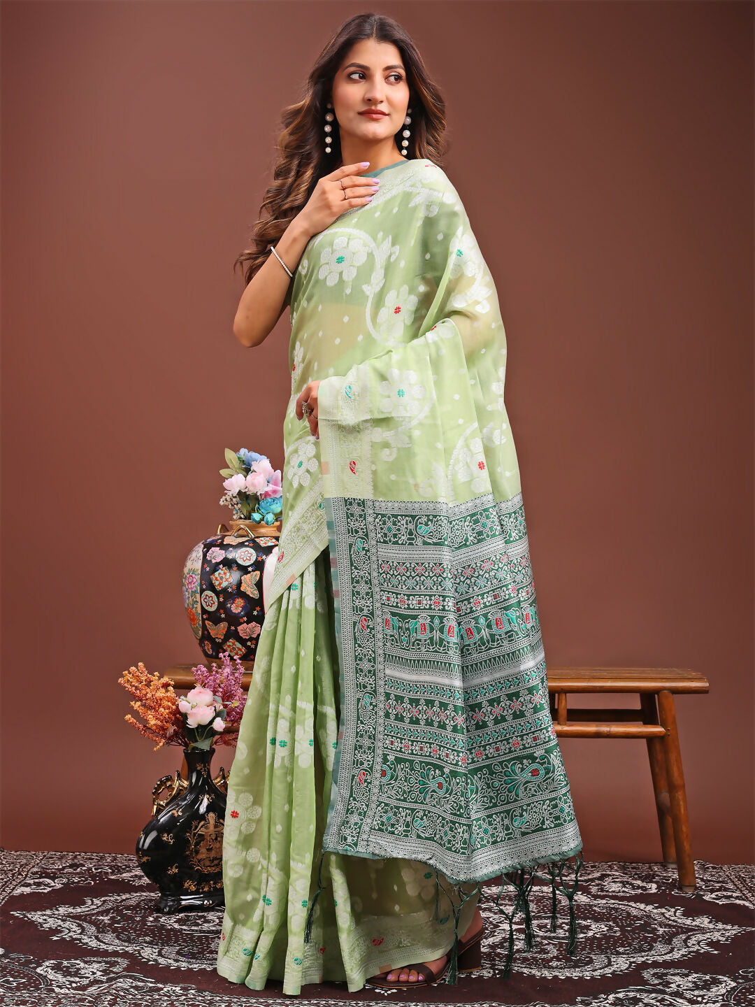 Shree Shyam Fashion Anaya Light Green Linen Cotton Saree