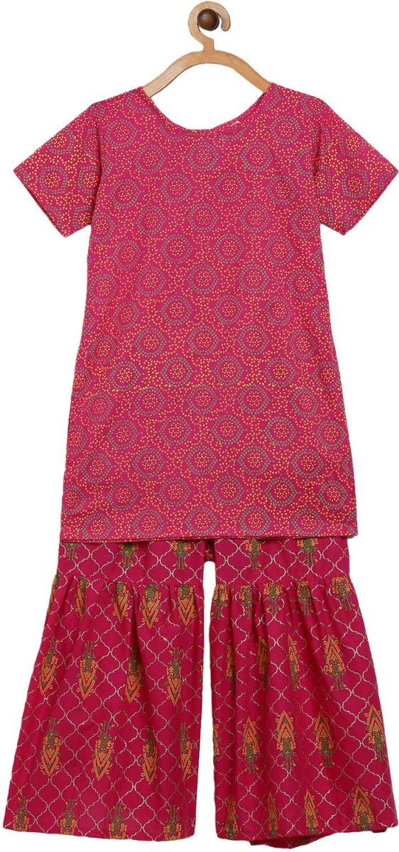 Ahalyaa Magenta Cotton Printed Kids Kurta Sharara Set With Dupatta For Girls