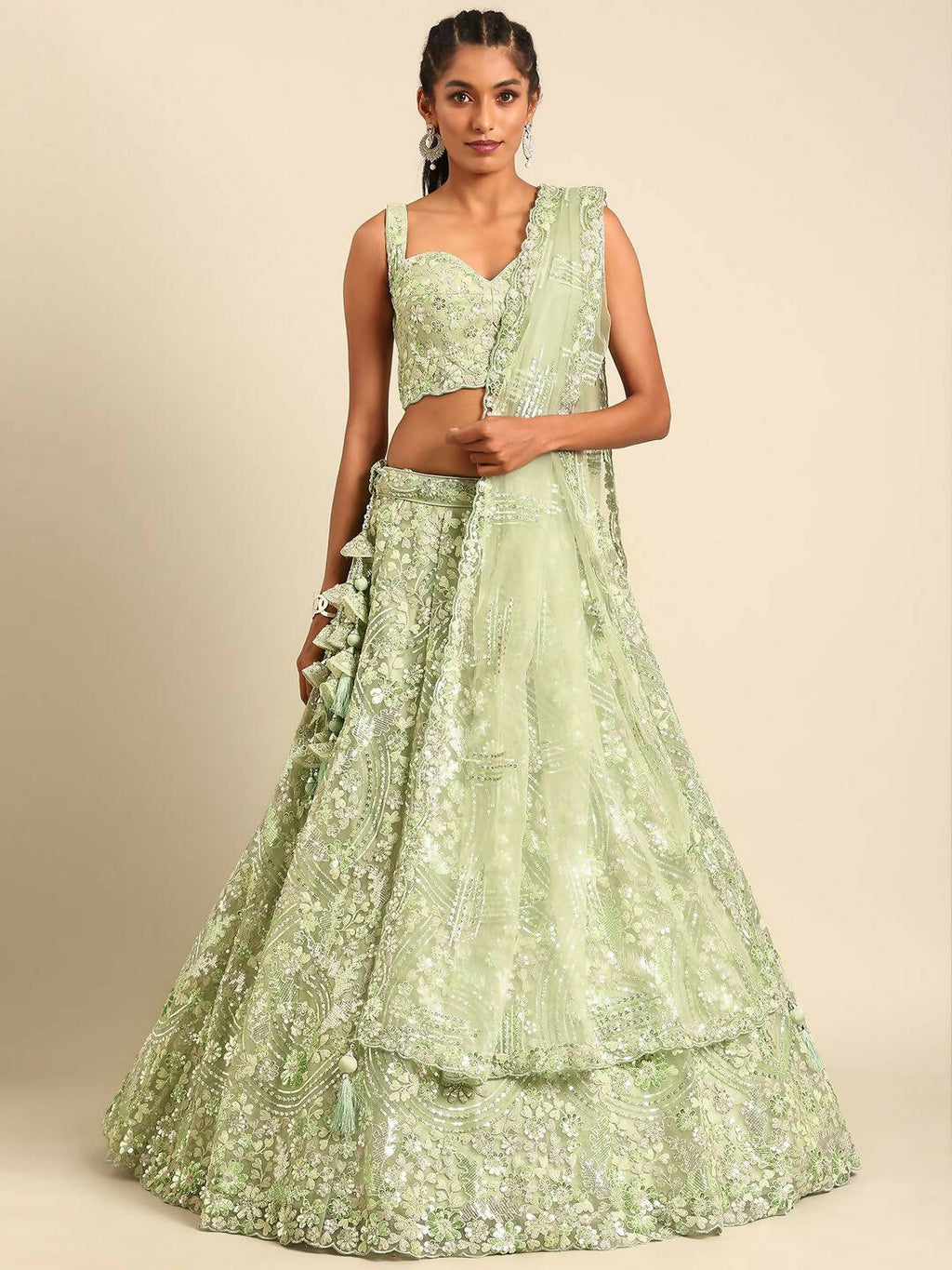 House of Panchhi Lime Green Net Sequins and Zarkan embroidery Lehenga choli & Dupatta