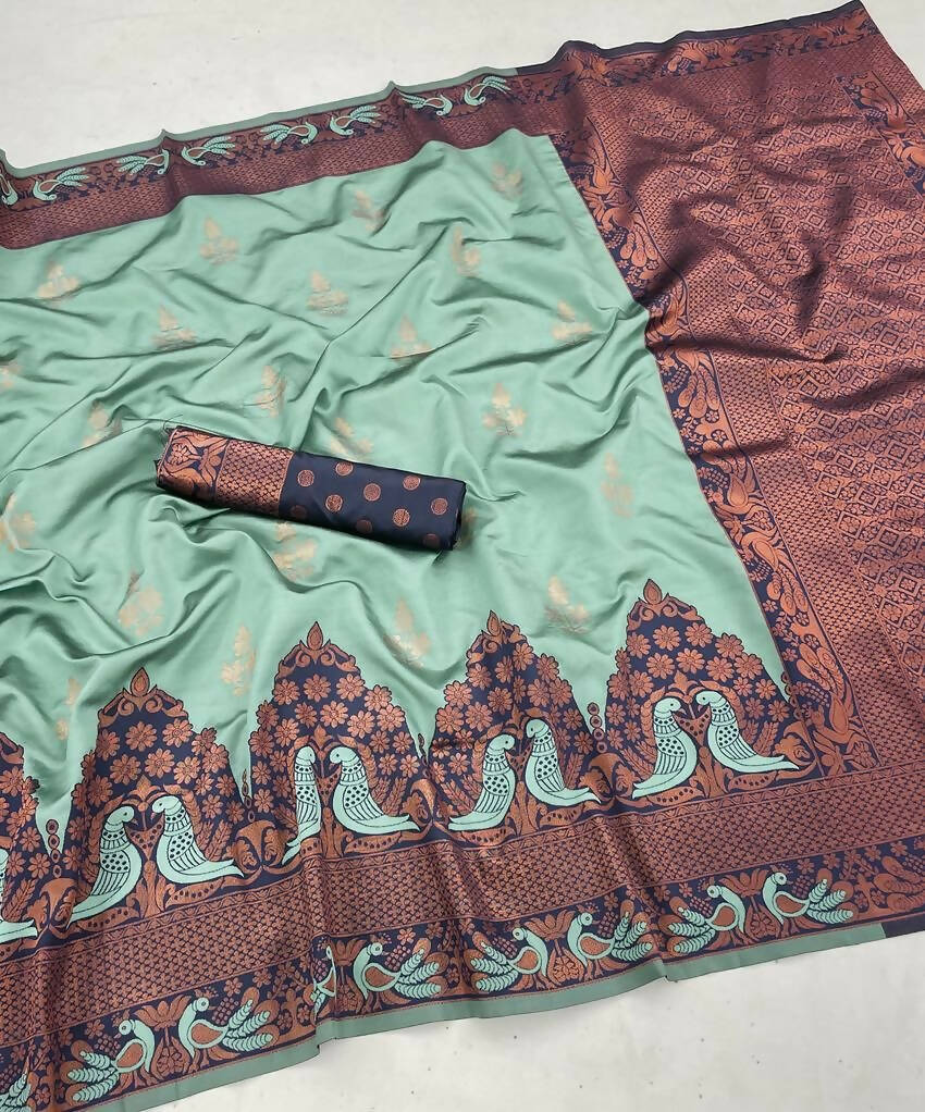 DEIANA'S Beautiful Designer Golden zari Soft Lichi Silk Saree - Sky