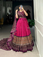 Vastranavya Bandhej And Ajarakh Print Tussar Silk Lehenga Choli - Pink