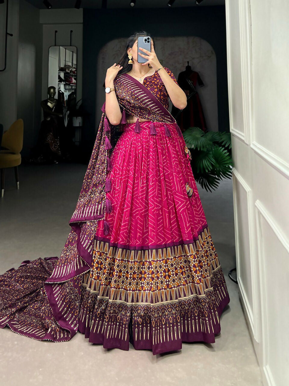 Vastranavya Bandhej And Ajarakh Print Tussar Silk Lehenga Choli - Pink