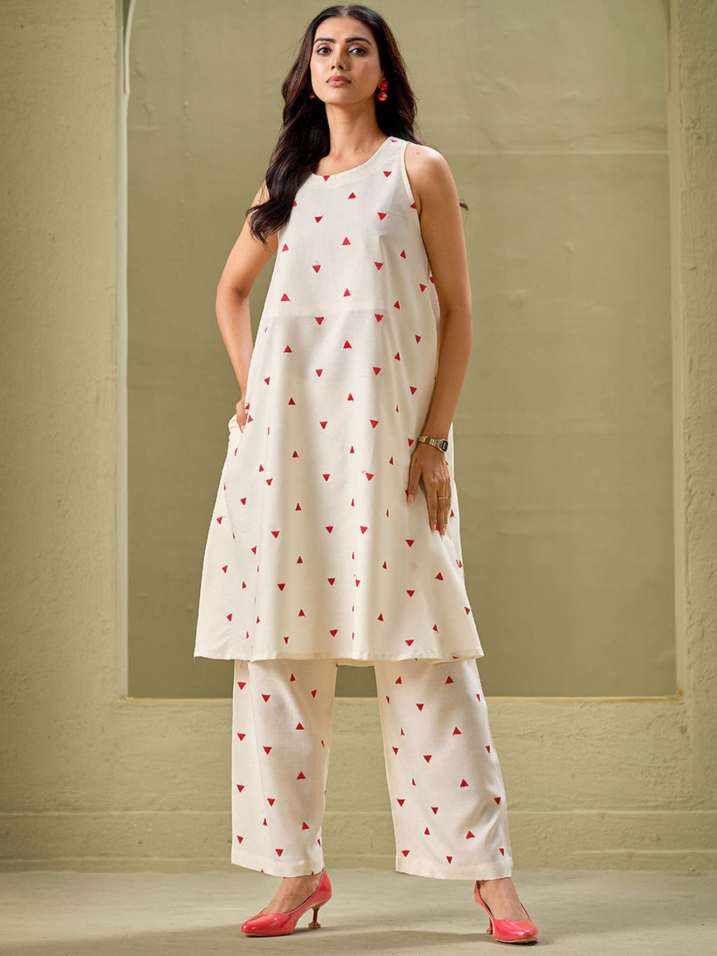 Sangria Off White Geometric Printed Round Neck A-Line Pure Cotton Kurta With Palazzos