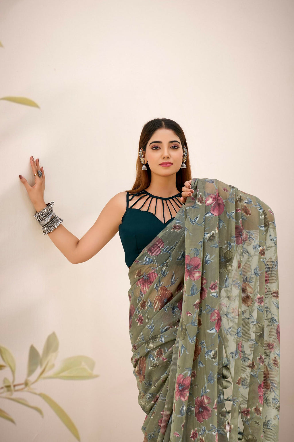 Vastranavya Mehendi Lurex Brasso Floral Printed Saree with Unstitched Blouse - Distacart