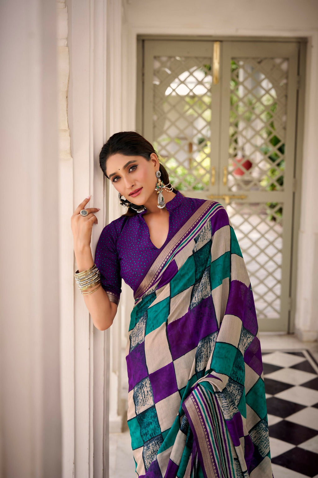 Vastranavya Purple Viscose Chanderi Printed with Temple Border Saree & Unstitched Blouse - Distacart