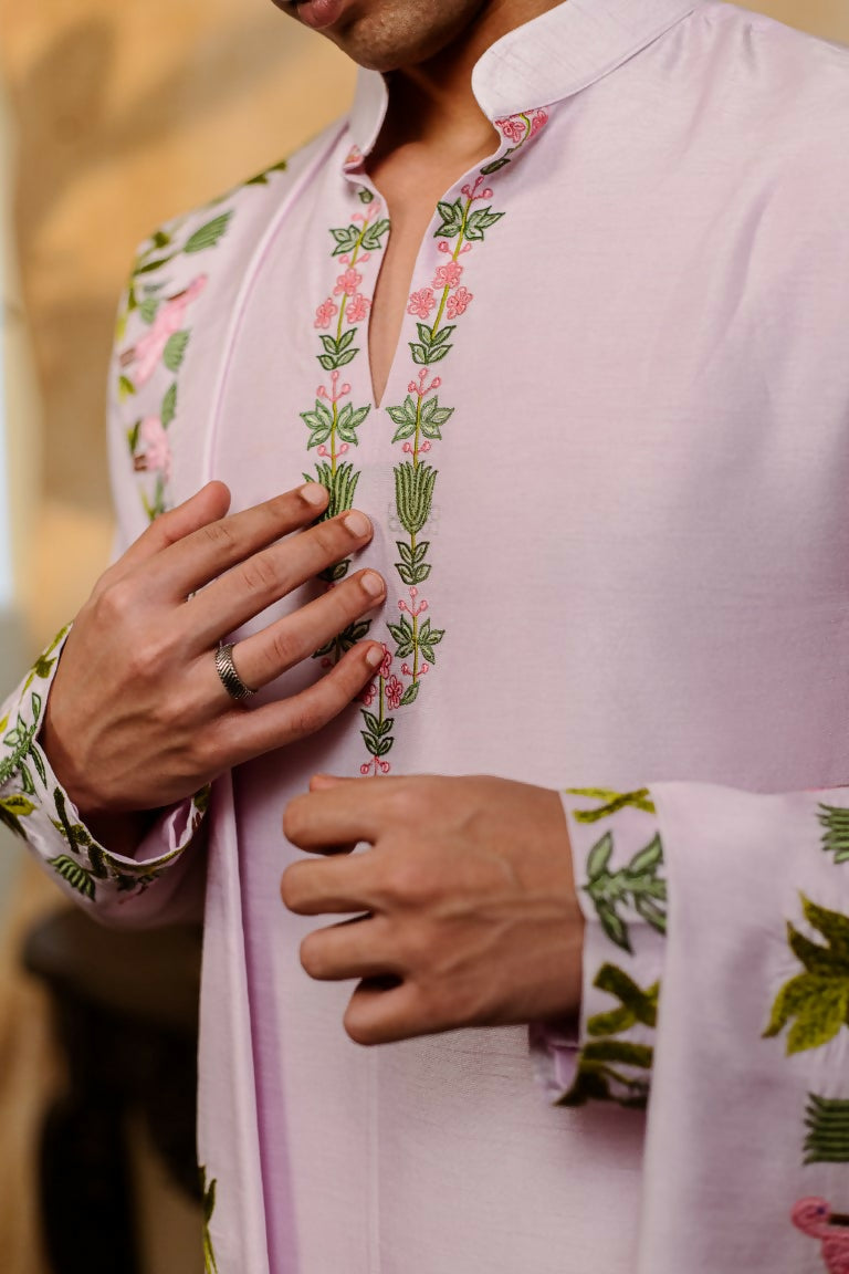 Falling Raw Silk Lavinder Taruni Hamsa Kurta Set By Hilo Design