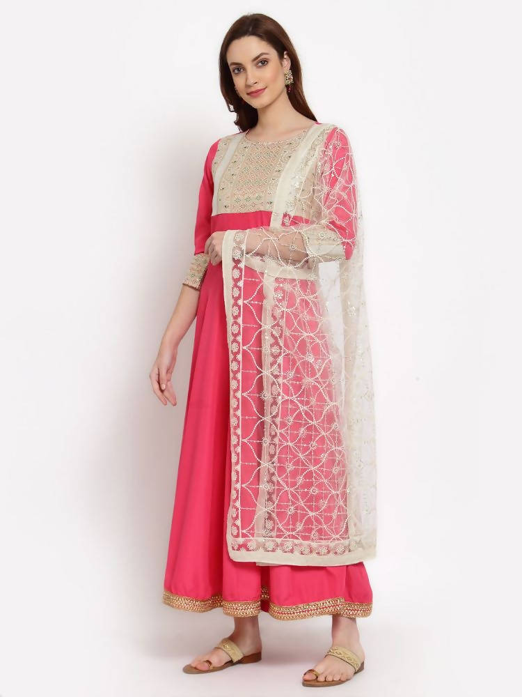 Myshka Women's Pink Solid Rayon 3/4 Sleeve Round Neck Casual Anarkali Kurta Dupatta Set