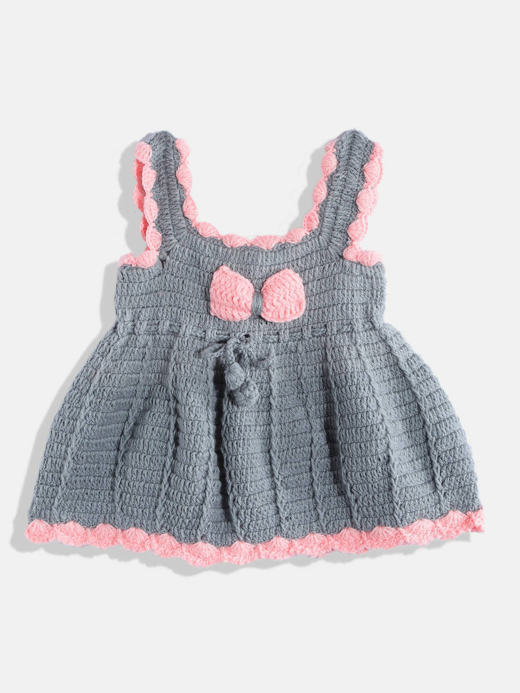 Chutput Kids Woollen Hand Knitted Sleeveless Bow Detail Dress For Baby Girls - Grey