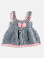 Chutput Kids Woollen Hand Knitted Sleeveless Bow Detail Dress For Baby Girls - Grey