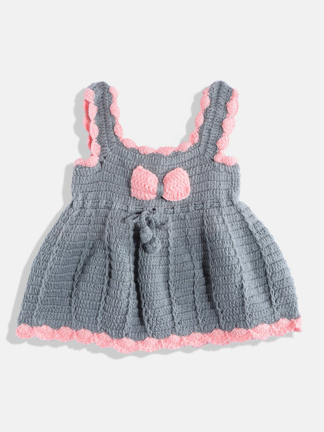 Chutput Kids Woollen Hand Knitted Sleeveless Bow Detail Dress For Baby Girls - Grey